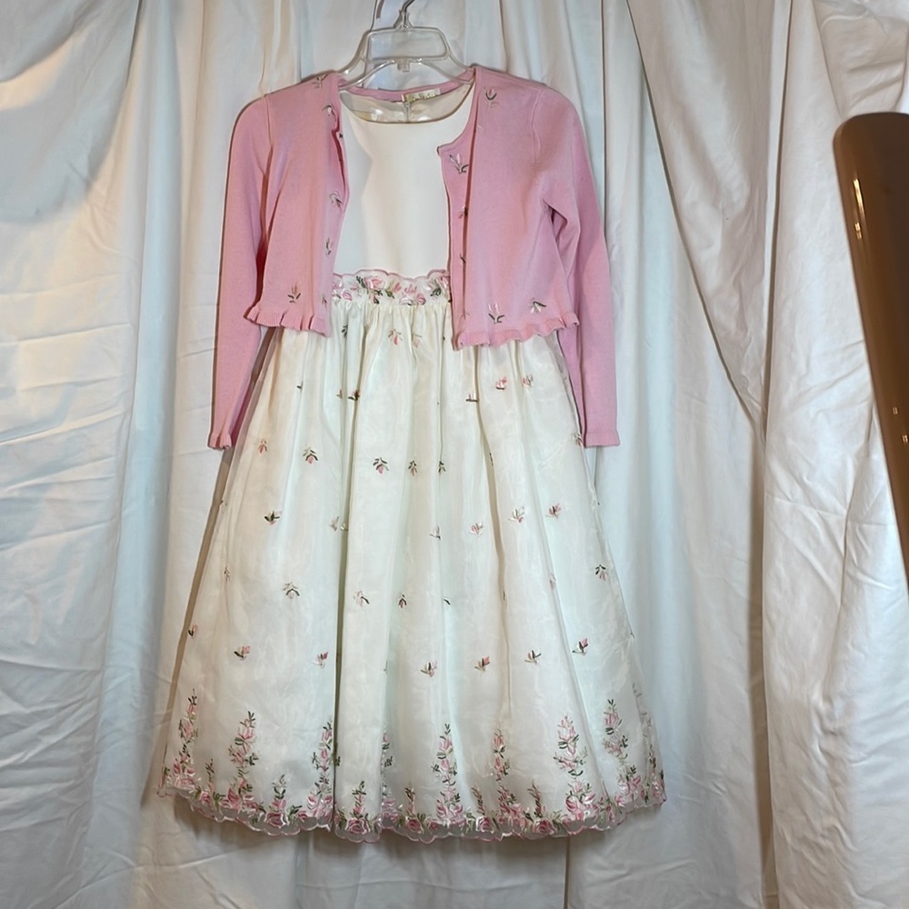 Cinderella brand, size 8, off-white with pink and green flowers+matching sweater